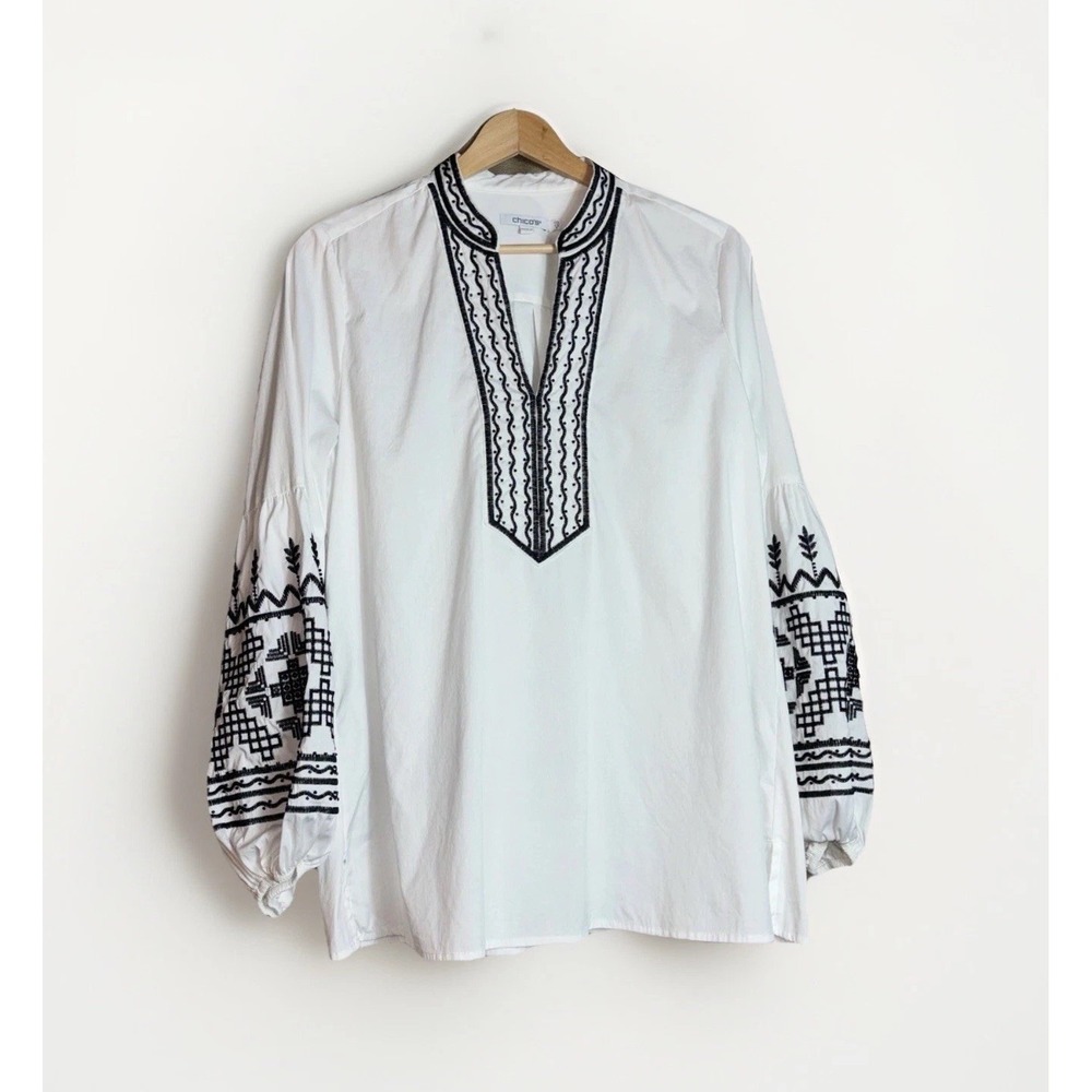 Chico's 0.5 (US 6) Embroidered Peasant Tunic Top Black White Boho Long Sleeve